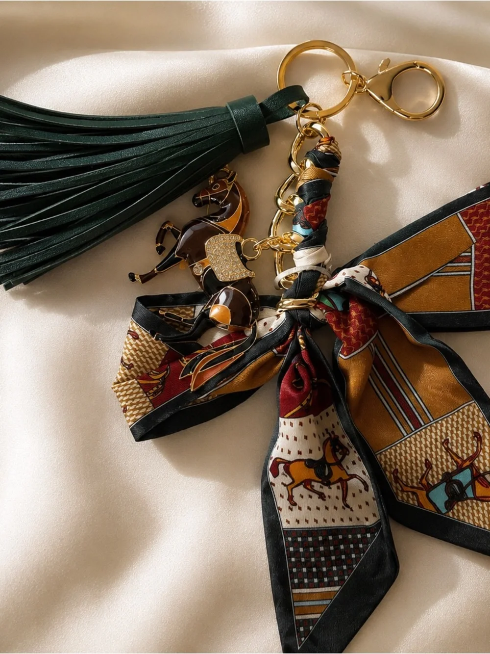 Piper K Horse Bag Charm Equestrian Gold Scarf Bow Crystal Tassel Key Ring